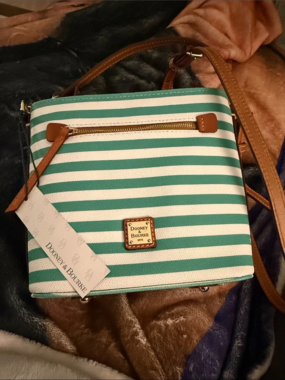Dooney & Bourke Teal and White Striped Crossbody with Tan Trim